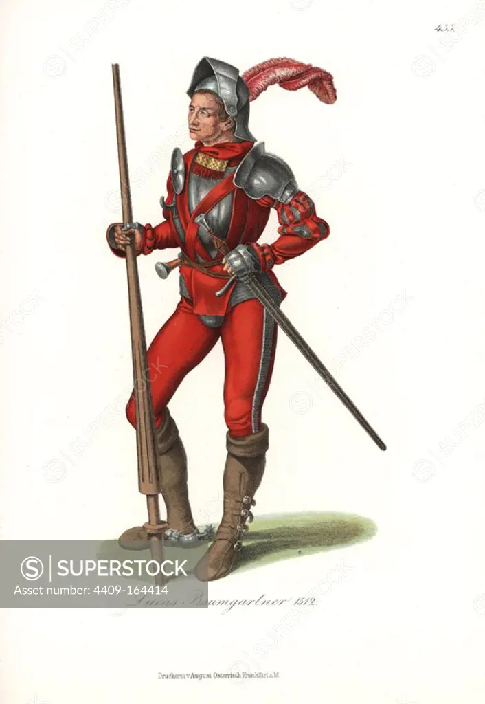 Lukas Baumgartner, patrician of Nurnburg, in helmet, cuirass (breastplate), and armour gloves, with red tabard and stockings, leather boots with spurs, holding a lance and sword. From an altar painting by Albrect Durer in the Alte Pinakothek museum, Munich. Chromolithograph from Hefner-Alteneck's "Costumes, Artworks and Appliances from the Middle Ages to the 17th Century," Frankfurt, 1889. Dr. Hefner-Alteneck (1811 - 1903) was a German museum curator, archaeologist, art historian, illustrator and etcher.