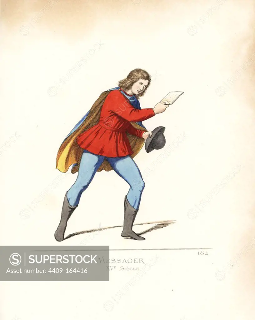 Costume of an Italian messenger, 15th century. He wears a blue chlamys with yellow lining, fastened at the shoulder with a gold clasp, scarlet tunic and belt, black boots and skyblue trousers. From a miniature painting in the Duke of Urbino's Bible in the Vatican library. Handcoloured illustration drawn and lithographed by Paul Mercuri with text by Camille Bonnard from "Historical Costumes from the 12th to 15th Centuries," Levy Fils, Paris, 1861.
