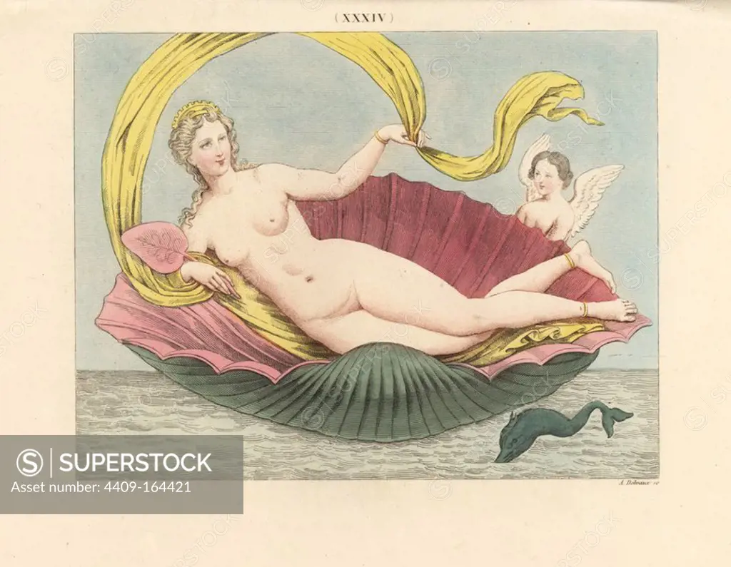 Fresco from Gragnano of Venus on her Conch Shell. The goddess of love fans herself with a lily leaf as she reclines on a seashell attended by Cupid and a dolphin. Handcoloured lithograph by A. Delvaux from Cesar Famin's "Musee royal de Naples (The Royal Museum at Naples)," Abel Ledoux, Paris, 1836. This rare volume is a catalog of the collection of erotic paintings, bronzes and statues excavated in Pompeii and Herculaneum and stored in a Secret Cabinet at Naples.