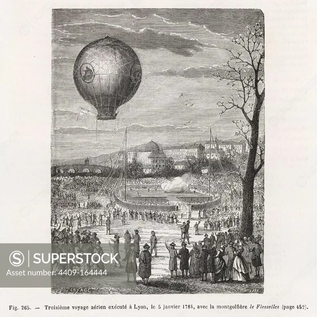 Third voyage of the Montgolfier balloon le Flesselles at Lyon, 1784. Woodblock engraving by Lafage after Lara from Louis Figuier's "Les Merveilles de la Science: Aerostats" (Marvels of Science: Air Balloons), Furne, Jouvet et Cie, Paris, 1868.