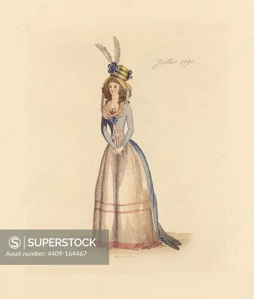 French woman wearing the fashion of July 1790. She wears a straw hat with feathers and cockades, full wig, fichu (neckerchief), fitted redingote over petticoats. Handcoloured etching by Auguste Etienne Guillaumot Jr. from "Costumes of the French Revolution, 1790-1793," Bouton, New York, 1889. From the collection of contemporary costume prints of Victorien Sardou.