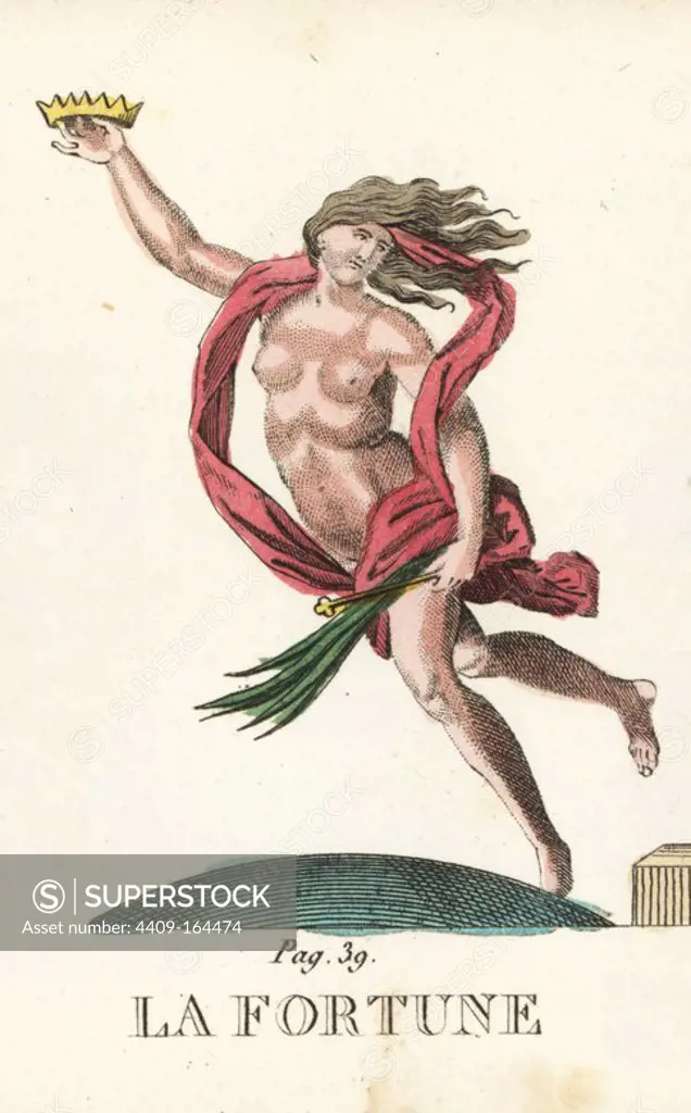 Fortuna, Roman god of luck, with crown and sceptre. Handcoloured copperplate engraving engraved by Jacques Louis Constant Lacerf after illustrations by Leonard Defraine from "La Mythologie en Estampes" (Mythology in Prints, or Figures of Fabled Gods), Chez P. Blanchard, Paris, c.1820.