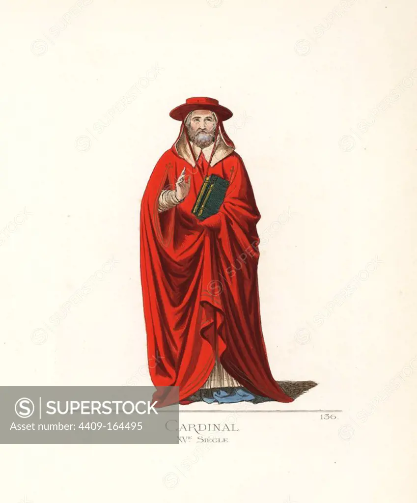 Vestments of a Catholic cardinal, 15th century. He wears a flat hat, a scarlet cape with arm holes and hood, white rochet and blue cassock. From a painting by an unknown artist in the Academy of Fine Arts, Siena. Handcoloured illustration drawn and lithographed by Paul Mercuri with text by Camille Bonnard from "Historical Costumes from the 12th to 15th Centuries," Levy Fils, Paris, 1861.