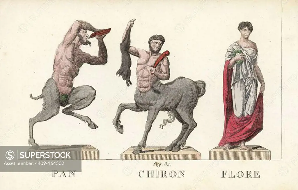 Pan, Chiron and Flora, Roman and Greek gods of nature, medicine and flowers. Handcoloured copperplate engraving engraved by Jacques Louis Constant Lacerf after illustrations by Leonard Defraine from "La Mythologie en Estampes" (Mythology in Prints, or Figures of Fabled Gods), Chez P. Blanchard, Paris, c.1820.