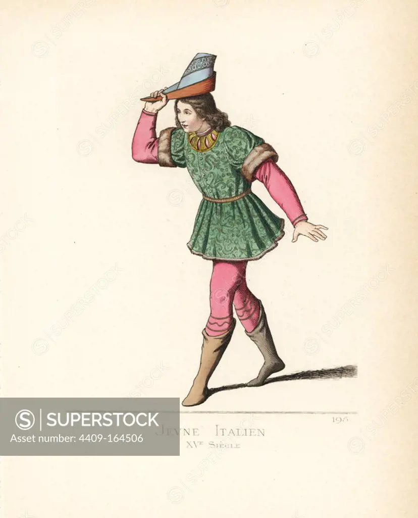 Young Italian man doffing his hat in salute, 15th century. He wears a violet peaked cap, a crimson velvet doublet, green damask tunic with fur trim, crimson stockings and leather boots. From a miniature in the Duke of Urbino's Bible in the Vatican library. Handcoloured illustration drawn and lithographed by Paul Mercuri with text by Camille Bonnard from "Historical Costumes from the 12th to 15th Centuries," Levy Fils, Paris, 1861.