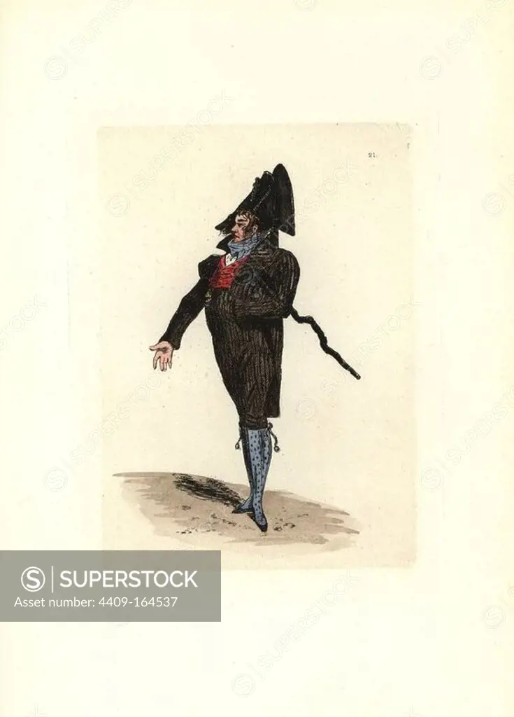 Costume of an Incroyable. He wears a silk bicorn that recalls the hats of Italian infantry soldiers. The French style suit in dark blue wool has large shell buttons, high-waisted breeches and a very high-cut gilet (waistcoat). He carries a crooked stick. In 1797, buttons the size of plates were seen. Handcoloured etching by Auguste Etienne Guillaumot Jr. from "Costumes of the Directory," Rouquette, Paris, 1875. The etchings were made from designs by Eugene Lacoste and Draner after prints of the era 1795-99. The costumes are from theatre productions "Merveilleuses" and "Pres Saint-Gervais" by Victorien Sardou.