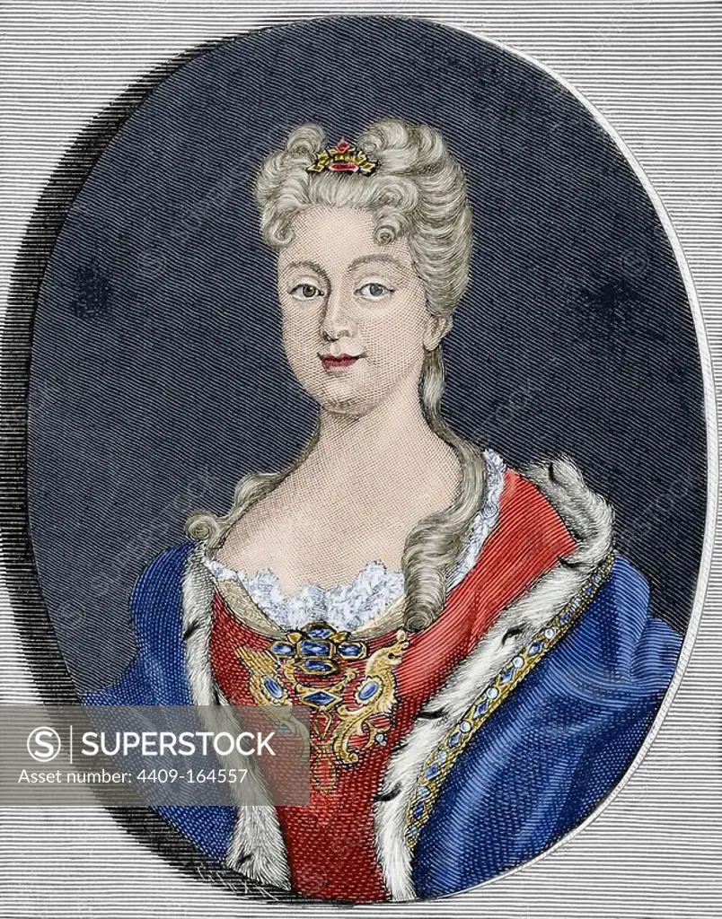 Elisabeth Farnese (1692-1766). Queen consort of Spain, wife of Philip V. Colored engraving.