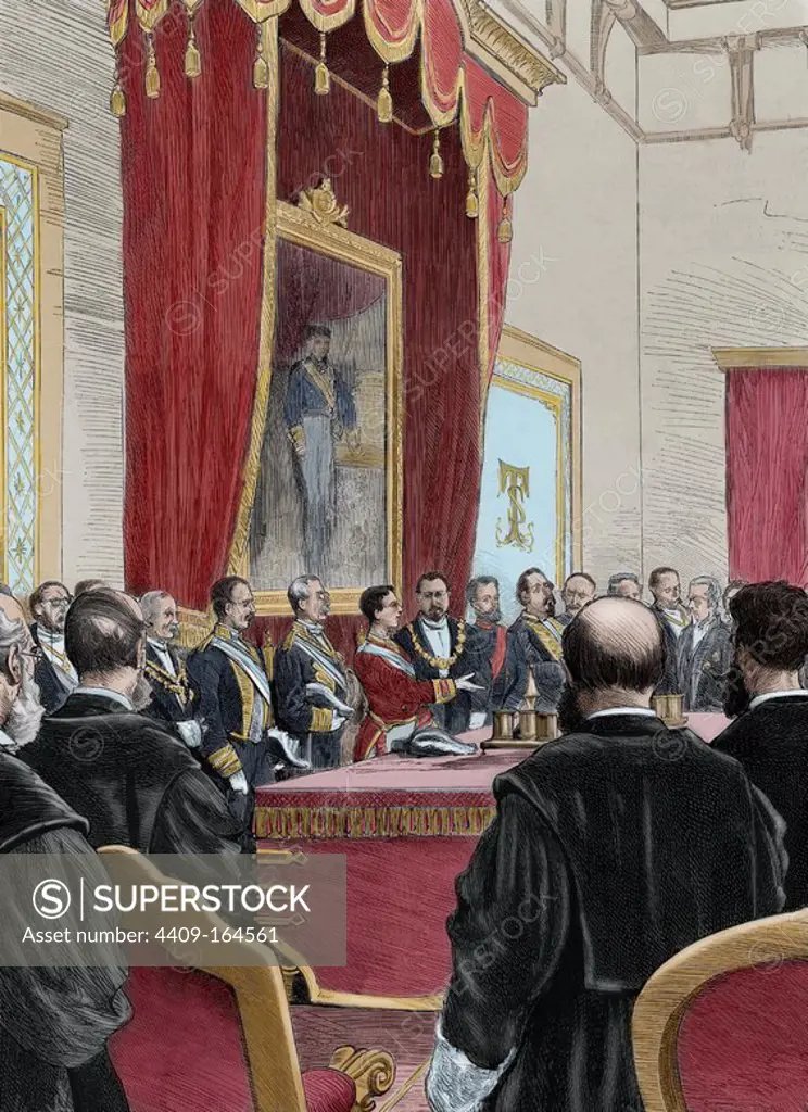 Alphonse XII (1857-1885). King of Spain. King giving a speech at the opening session of the courts of the kingdom. Engraving in The Spanish and American Illustration, 1877. Colored.
