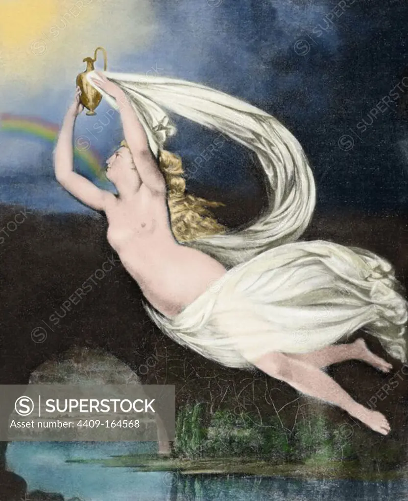 Iris. Personification of the rainbow. Engraving in The History of Universal Literature. Colored.