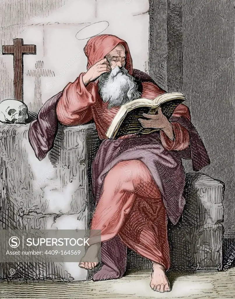 Saint Isaac of Cordoba (d. 851). Monk and martyr in the hispanic province of Andalusia, in times of Muslim rule. Engraving by Coderch in Christian Year, 1852. Colored.