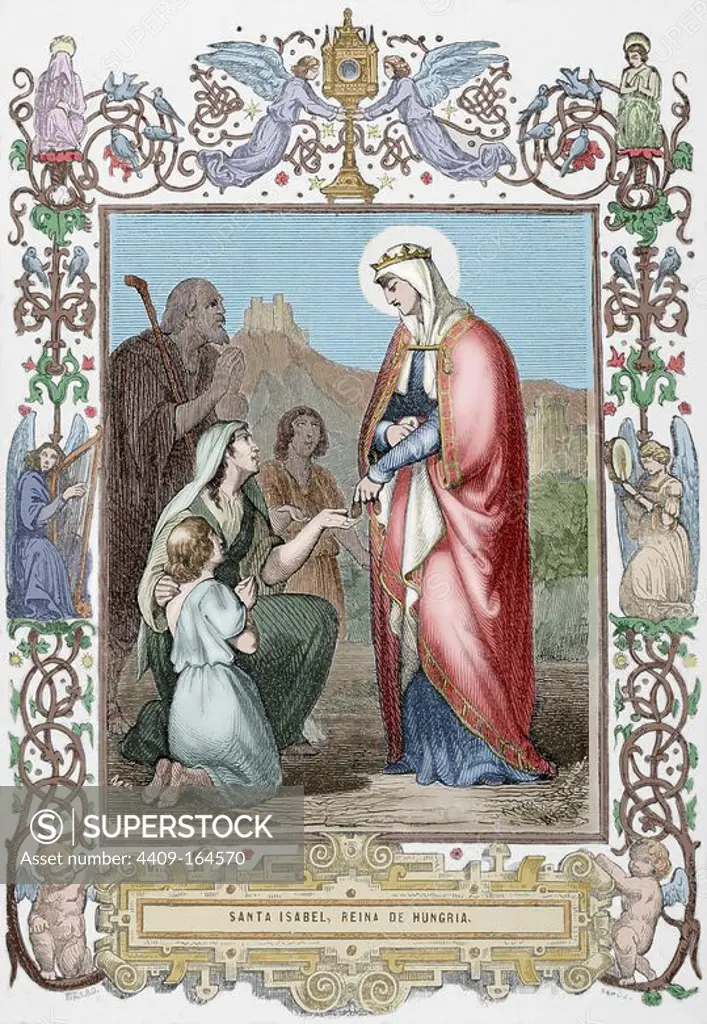 Saint Elizabeth of Hungary (1207-1231). Hungarian Princess. Engraving by Capuz. Christian Year, 1852. Colored.