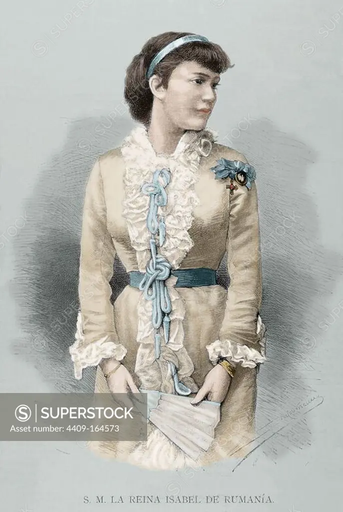 Elisabeth of Wied (1843-1916). Queen consort of Romania. Engraving by Dufourneau in The Spanish and American Illustration, 1883. Colored.