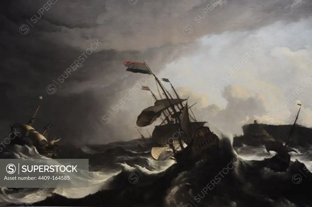 "Buques de guerra en una gran tormenta". Oleo de Ludofl Bakhuysen (1631-1708). A principios de 1694 unos 30 barcos holandeses fueron enviados al Mediterráneo, para proteger la flota mercante de los ataques franceses. En el Estrecho de Gibraltar se produjo una gran tormenta. Varios barcos se hundieron y otros tuvieron daños, entre ellos el Hollandia, en la parte central de la pintura. Rijksmuseum. Amsterda. Holanda.