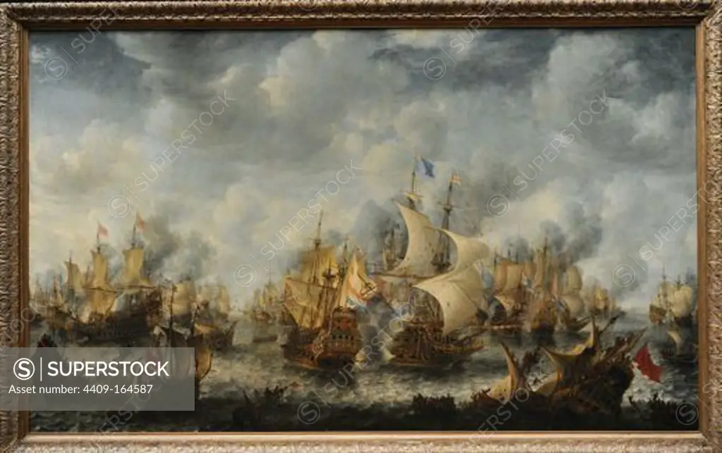 Primera Guerra Anglo-neerlandesa (1652-1654) por el control de las rutas comerciales marítimas. "La Batalla de Terheide",10 de agosto de 1653. En el centro del cuadro, aparece la embarcación del Almirante holandés Maerten Harpertsz Tromp. La victoria fué holandesa, pero perdió a su almirante Tromp, herido en la batalla. Oleo de Jan Abrahamsz Beerstraten (1622-1666). Pintado entre 1653-1666. Rijksmuseum. Amsterdam. Países Bajos.