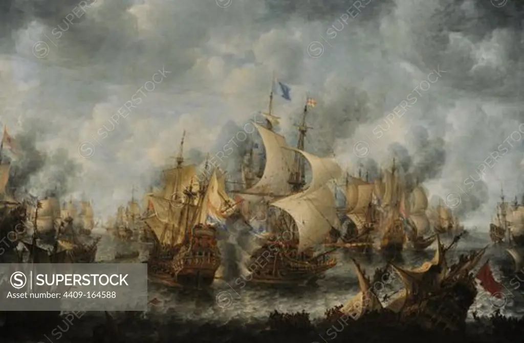 Primera Guerra Anglo-neerlandesa (1652-1654) por el control de las rutas comerciales marítimas. "La Batalla de Terheide",10 de agosto de 1653. En el centro del cuadro, aparece la embarcación del Almirante holandés Maerten Harpertsz Tromp. La victoria fué holandesa, pero perdió a su almirante Tromp, herido en la batalla. Oleo de Jan Abrahamsz Beerstraten (1622-1666). Pintado entre 1653-1666. Rijksmuseum. Amsterdam. Países Bajos.