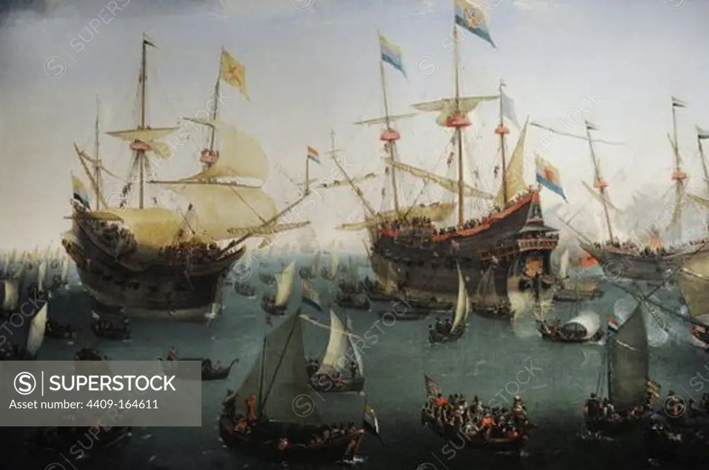 HISTORIA. HOLANDA. "El Retorno a Amsterdam de la Segunda Expedición de las Inisas Orientales". Oleo de Hendrik Cornelisz Vroom (1566-1640). Oleo sobre lienzo, 1599. Bajo el mando de Jacob Cornelisz Van Neck, ocho barcos holandeses zarparon hacia las Indias en 1598. Los primeros cuatro, regresaron de Bantam (Java) un año más tarde, el 19 de julio 1599. Los otros barcos habían zarpado a las Molucas. También regresaron sanos y salvos, cargadod dea nuez moscada y clavo. Rijksmueum. Amsterdam. Países