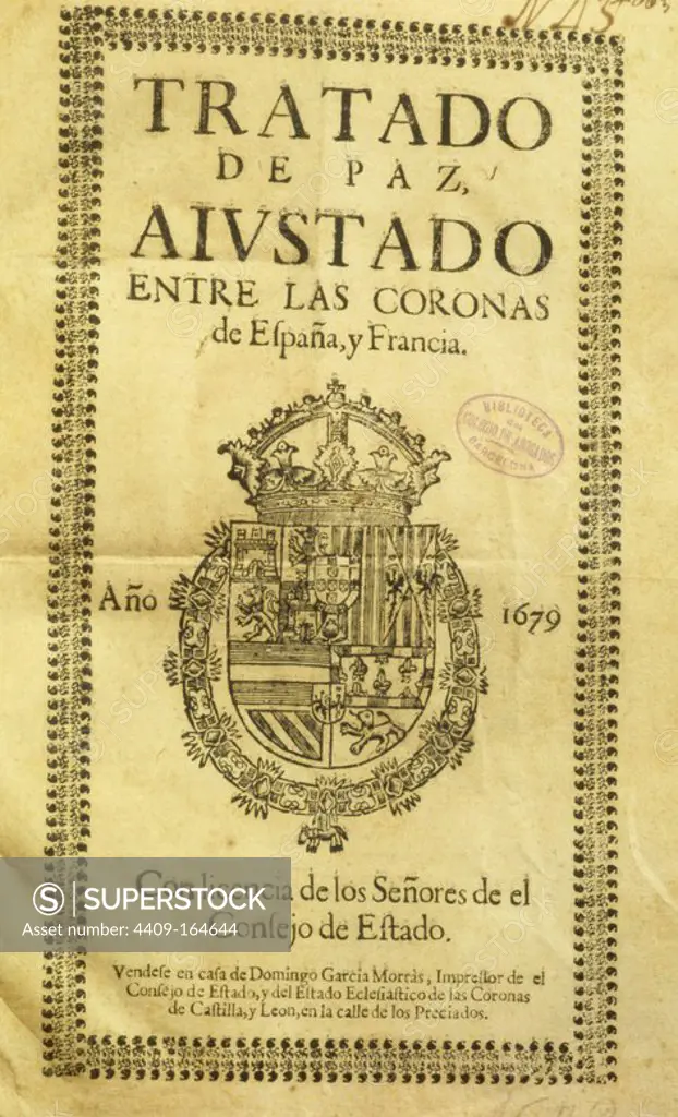 Title page of 'Tratado de paz entre las coronas de España y Francia. Año 1679'.
