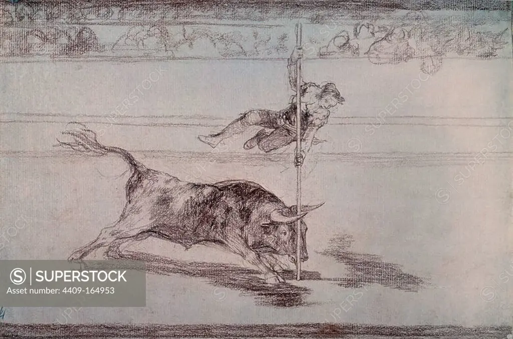 Drawing for The agility and audacity of Juanito Apinani in the ring at Madrid, plate 20 of 'The Art of Bullfighting' - 19th century. Author: FRANCISCO DE GOYA. Location: MUSEO DEL PRADO-DIBUJOS. MADRID. SPAIN. APIÑANI JUANITO.