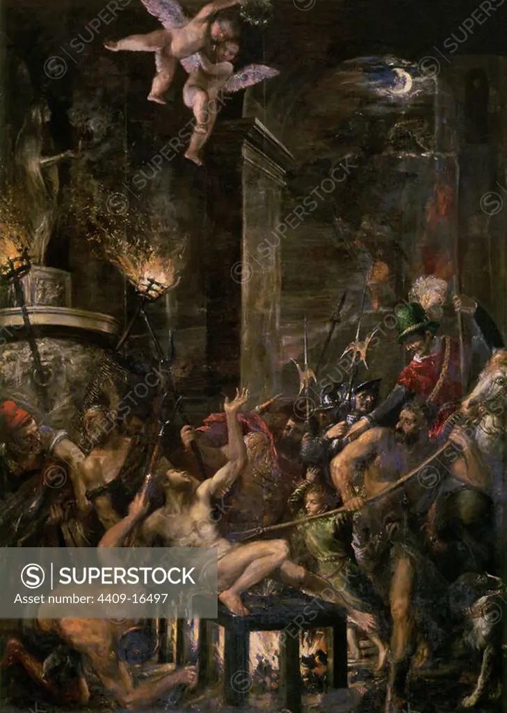 Italian school. The Martyrdom of Saint Lawrence. 1564-1567. Oil on canvas (440 x 320). Madrid, The Royal Monastery of San Lorenzo de El Escorial. Author: TIZIANO VECELLIO DE GREGORIO-TICIANO-. Location: MONASTERIO-PINTURA. SAN LORENZO DEL ESCORIAL. MADRID. SPAIN.