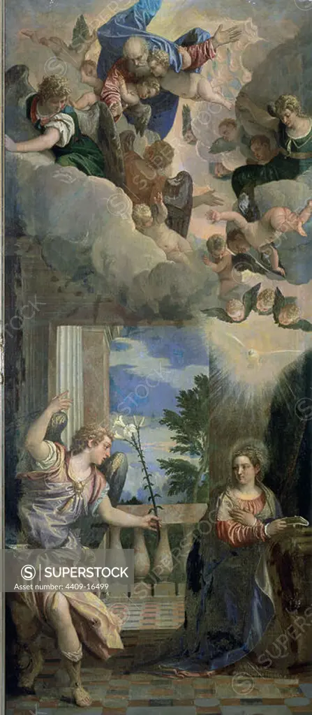 MUSEOS NUEVOS - ANUNCIACION - 1583 (440 x 190 cm). Author: PABLO VERONES o PAOLO VERONESE (1528-1588). Location: MONASTERIO-PINTURA. SAN LORENZO DEL ESCORIAL. MADRID. SPAIN. VIRGIN MARY. ESPIRITU SANTO. DIOS PADRE. SAN GABRIEL ARCANGEL / ARCANGEL SAN GABRIEL.
