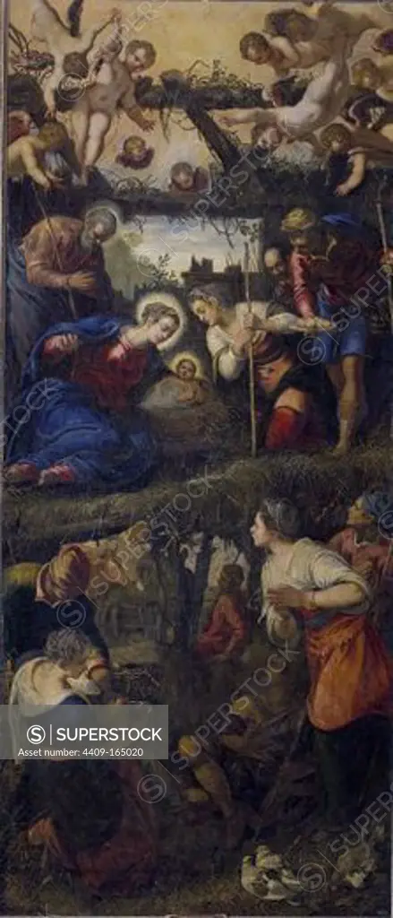 The Nativity and Adoration - 16th century - oil on canvas. Author: TINTORETTO. Location: MONASTERIO-PINTURA, SAN LORENZO DEL ESCORIAL, MADRID, SPAIN. Also known as: NATIVIDAD.