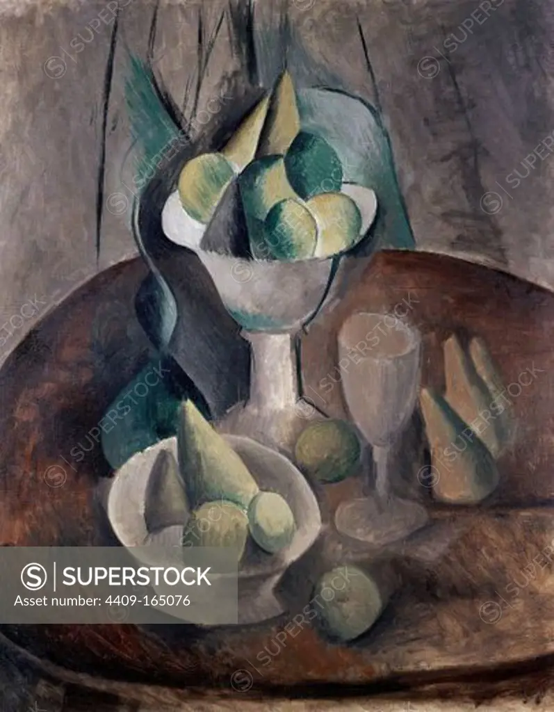 Vase with fruit - 1909 - oil on canvas. Author: PICASSO, PABLO. Location: MUSEO ERMITAGE-COLECCION, ST. PETERSBURG, RUSSIA. Also known as: FRUTERO-NATURALEZA MUERTA CON PERAS.