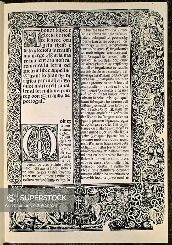 'Tirant Lo Blanc', facsimile of a dedicatory page - 1490 - vellum. Author: MARTORELL JOANOT. Location: BIBLIOTECA NACIONAL-COLECCION. MADRID. SPAIN.