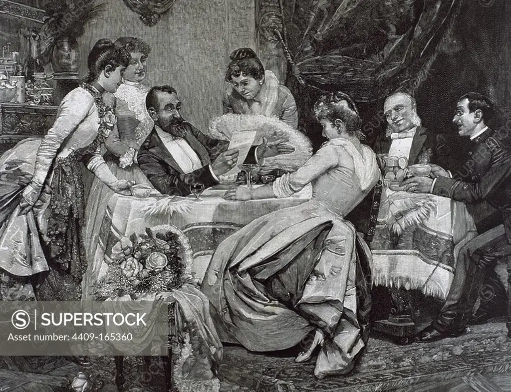 Society. Bourgeois family gathered around table to read a card. Engraving, 1890.