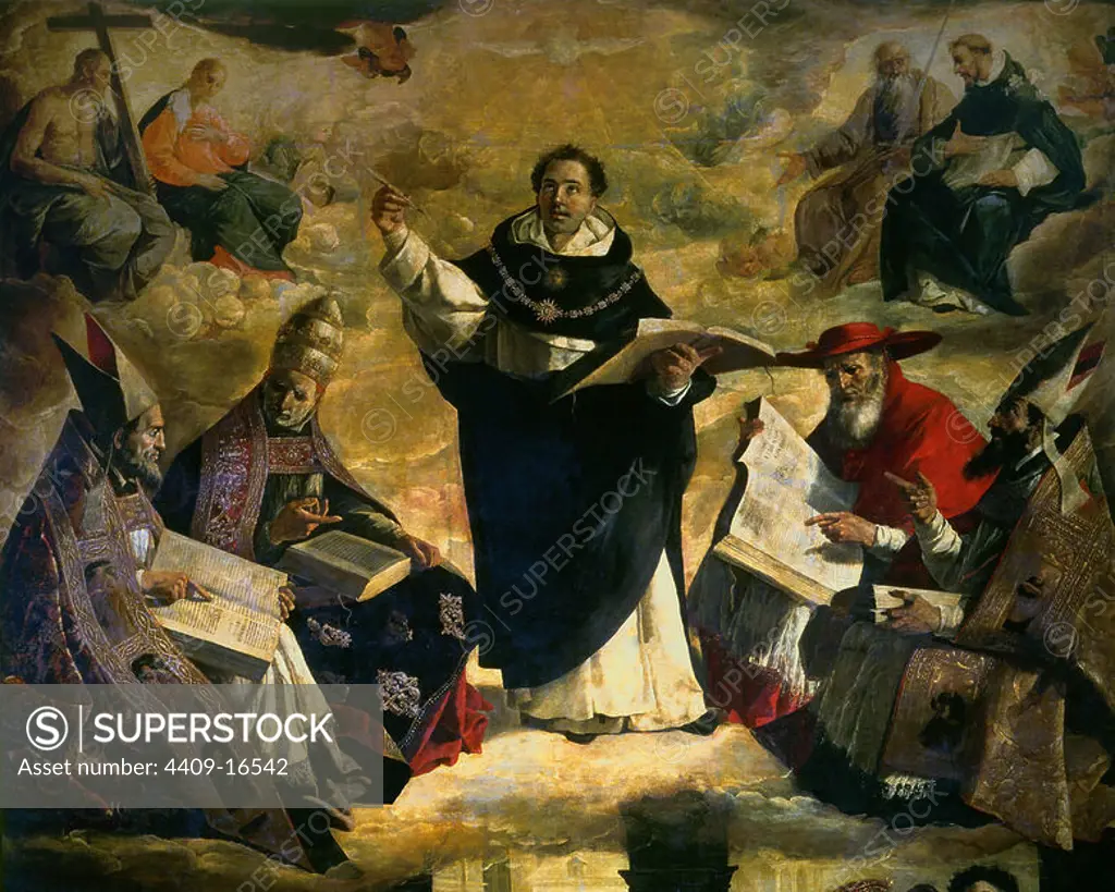 Spanish school. Apotheosis of Saint Thomas of Aquin (deail). Apoteosis de Santo Tomas de Aquino. 1631. Oil on canvas (480x379). Sevilla, Fine Arts museum. Author: FRANCISCO DE ZURBARAN (1598-1664). Location: MUSEO DE BELLAS ARTES-CONVENTO DE LA MERCED CALZAD. Sevilla. Seville. SPAIN. JESUS. SAINT AUGUSTINE. SAINT DOMINIC. SAINT PAUL THE APOSTLE. SAINT THOMAS AQUINAS. VIRGIN MARY. ESPIRITU SANTO. SAN PABLO DE TARSO. TARSO PABLO DE. SAULO. CARLOS V (CARLOS I). Charles I (V of the Holly Roman Empire). SAN JERONIMO CARDENAL. SAN GREGORIO MAGNO. FRAY DIEGO DE DEZA. DEZA FRAY DIEGO DE. SAINT AMBROSE.