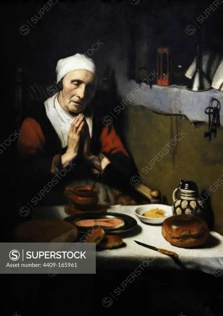 ARTE BARROCO. HOLANDA. NICOLAES MAES (1634-1693). "Mujer mayor que da las gracias", conocido como "La Oración sin fin". Oleo sobre lienzo, 1656. Rijksmuseum. Amsterdam. Países Bajos.