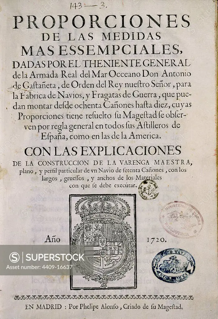 MEDIDAS PARA FABRICAR NAVIOS(1720) - PORTADA. Author: GAFTANETA A. Location: MUSEO NAVAL / MINISTERIO DE MARINA. MADRID. SPAIN.