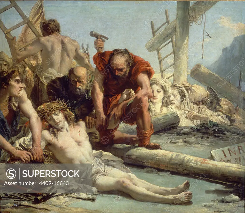 Crucifixion. 18th century. Oil on canvas (124x144). Italian baroque painting. Madrid, Prado museum. Author: GIOVANNI DOMENICO TIEPOLO. Location: MUSEO DEL PRADO-PINTURA. MADRID. SPAIN. JESUS. CRISTO CRUCIFICADO.