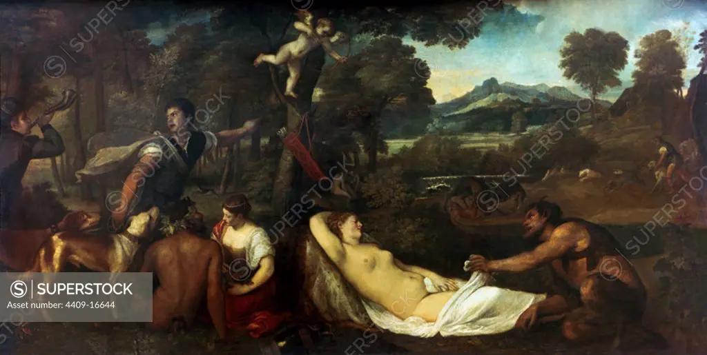 'Jupiter and Anthiope (Pardo Venus)', 1535-1540, Oil on canvas, 196 x 385 cm. Author: TIZIANO VECELLIO DE GREGORIO-TICIANO-. Location: LOUVRE MUSEUM-PAINTINGS. France. CUPID. AMOR MITOLOGIA. VENUS DEL PARDO. VENUS DIOSA ROMANA.