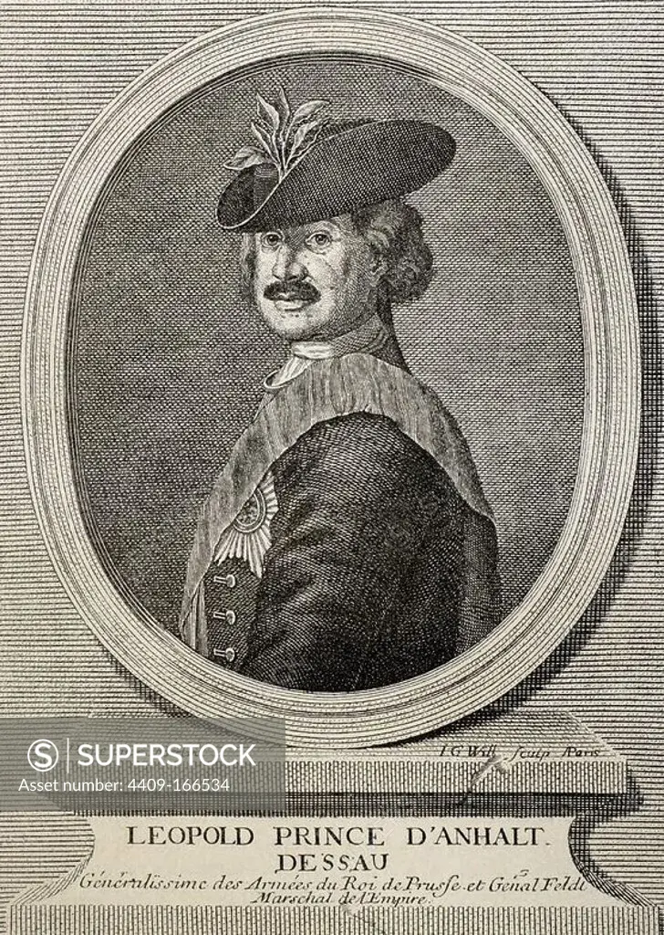 Leopold I, Prince of Anhalt-Dessau (1676 Ð 1747). German prince of the House of Ascania and ruler of the principality of Anhalt-Dessau from 1693 to 1747. He was also a Generalfeldmarschall in the Prussian army. Engraving by J.J. Wille. Historia Universal, 1881.