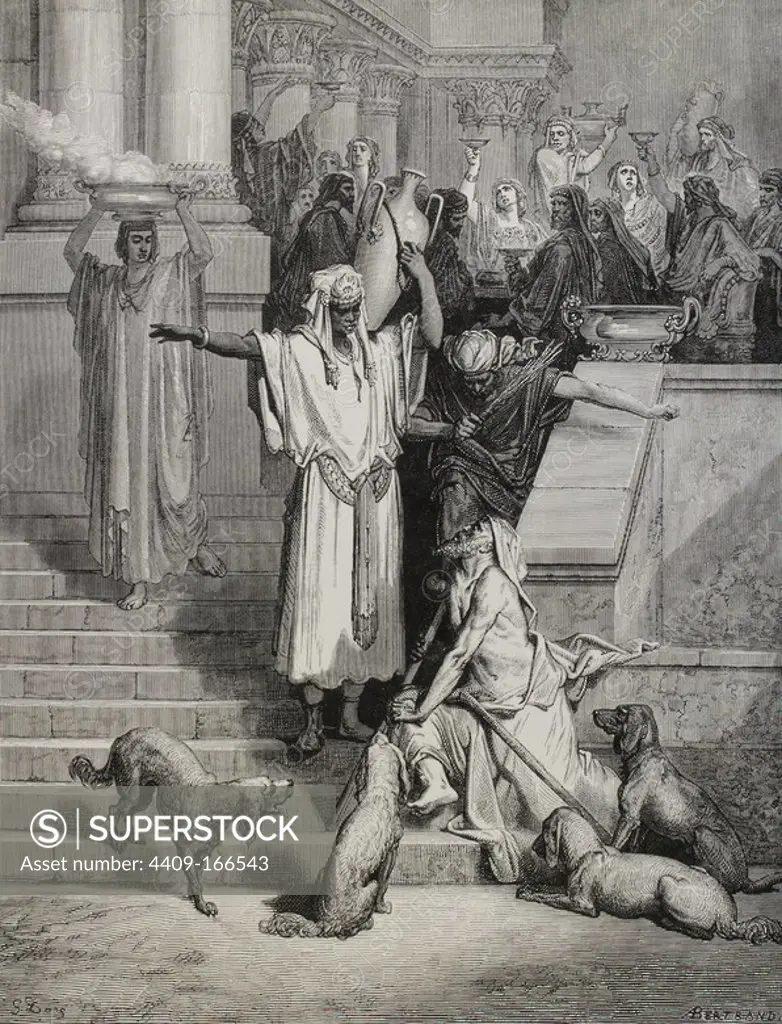 The Parable of Jesus, the Rich man and Lazarus. Gospel of Luke. Engraving by Gustave Dore. 19th century.