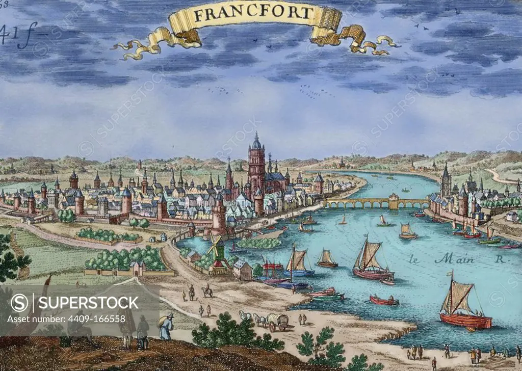 Germany. Frankfurt. Panorama. Engraving. 17th century. Colored.