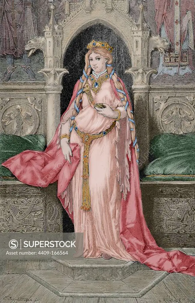 Iseult of Ireland. Irish princess. Engraving by A. Closs. Germania, 1882. Colored.