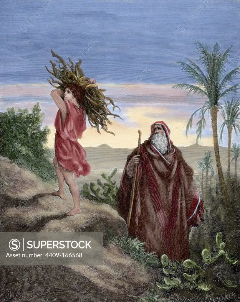 Old Testament. Book of Genesis. Abraham and Isaac. Patriarchs of Israel. Abraham and Isaac carrying the wood for the sacrifice. Chapter XXII, verses 13 to 8. Dore drawing. Engraving by Laplante. 19th century. Colored.