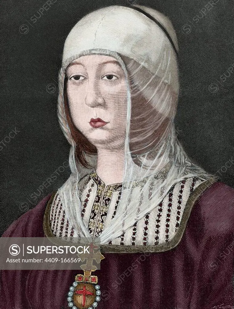 Isabella I of Castile (1451-1504). Queen of Castile. Engraving by Arturo Carretero in The Spanish and American Illustration, 1886. Colored.