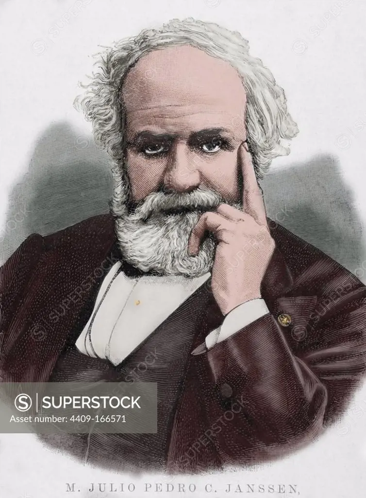 Pierre Janssen (1824-1907). French astronomer. Engraving by Capuz in The Spanish and American Illustration, 1892. Colored.