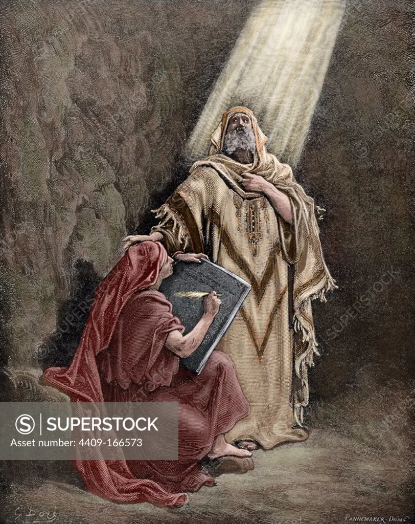Jeremiah (650-585 BC). Hebrew Prophet. Jeremiah dictating his prophecies to Baruch. Engraving by Pannemaker. The Bible in pictures by Gustave Dore. Colored.