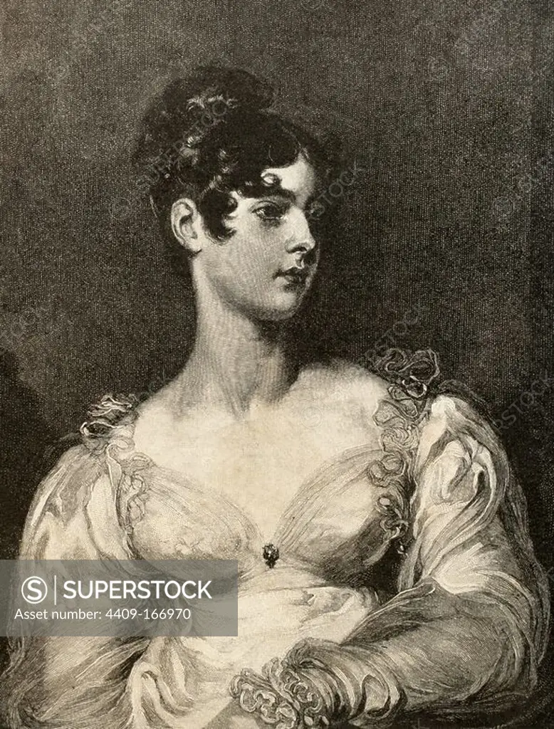 The Countess of Grosvenor, born in 1797. Engraving by Berthold. Copy of a painting by Sir Thomas Lawrence (1769-1830). The Iberian Illustration, 1891.