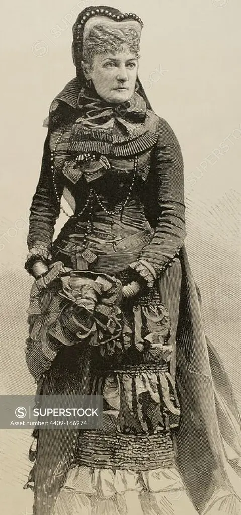 Miriam Leslie (1836-1914). American publisher and author. She was the wife of Frank Leslie. Engraving by A. Carretero "La Ilustracion Espanola y Americana", 1883.