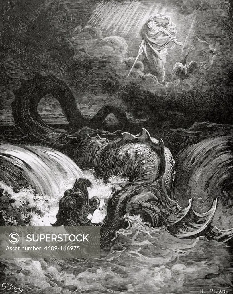 Leviatan. Sea monster referenced in the Tanarkh or the Old Testament. Destruction of Leviathan, 1865. Engraving by Gustavo Dore_.