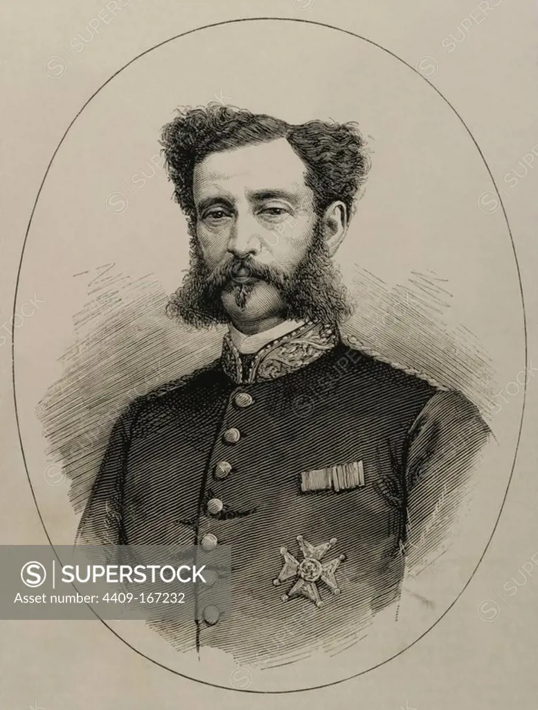 Jose Lagunero y Guijarro (1823-1879). Spanish military. Engraving by Arturo Carretero "La Ilustracion Espanola y Americana", 1879.