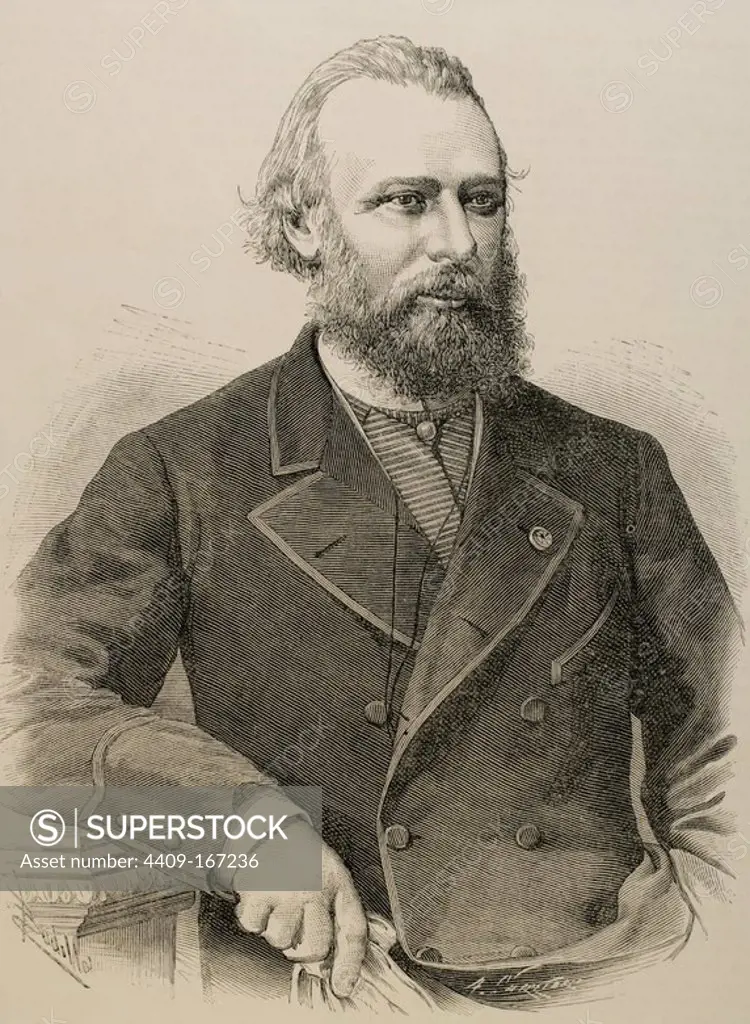 Edouard Rene Lefebvre de Laboulaye (1811-1883. French jurist, poet, author and anti-slavery activist. Engraving by Arturo Carretero "La Ilustracion Espanola y Americana", 1886.