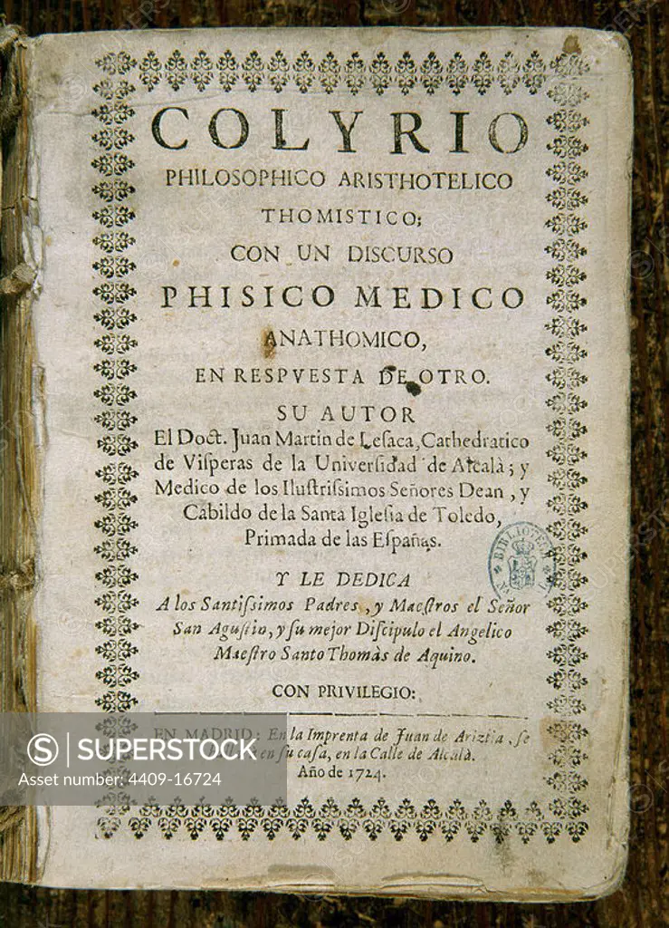 COLIRIO FILOSOFICO ARISTOTELICO (1724). Author: MARTIN LESSACA JUAN. Location: BIBLIOTECA NACIONAL-COLECCION. MADRID. SPAIN.