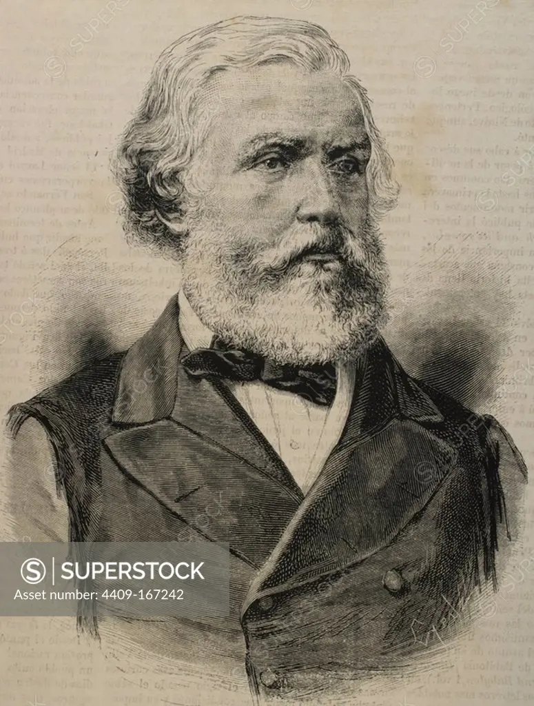 Austen Henry Layard (1817-1894). English traveller, archaeologist, cuneiformist, art historian, draughtsman, collector, author, politician and diplomat, best known as the excavator of Nimrud and of Niniveh. Engraving by Capuz. La Ilustracion Espanola y Americana, 1870.