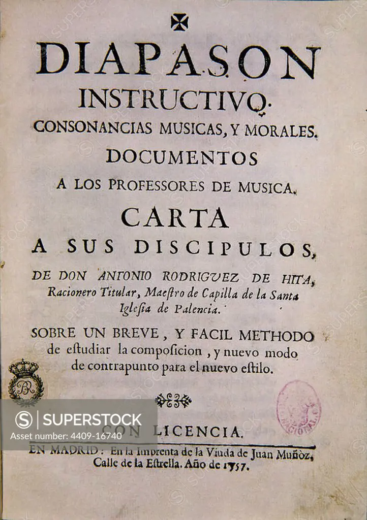 DIAPASON INSTRUCTIVO (1757). Author: RODRIGUEZ DE HITA. Location: BIBLIOTECA NACIONAL-COLECCION. MADRID. SPAIN.