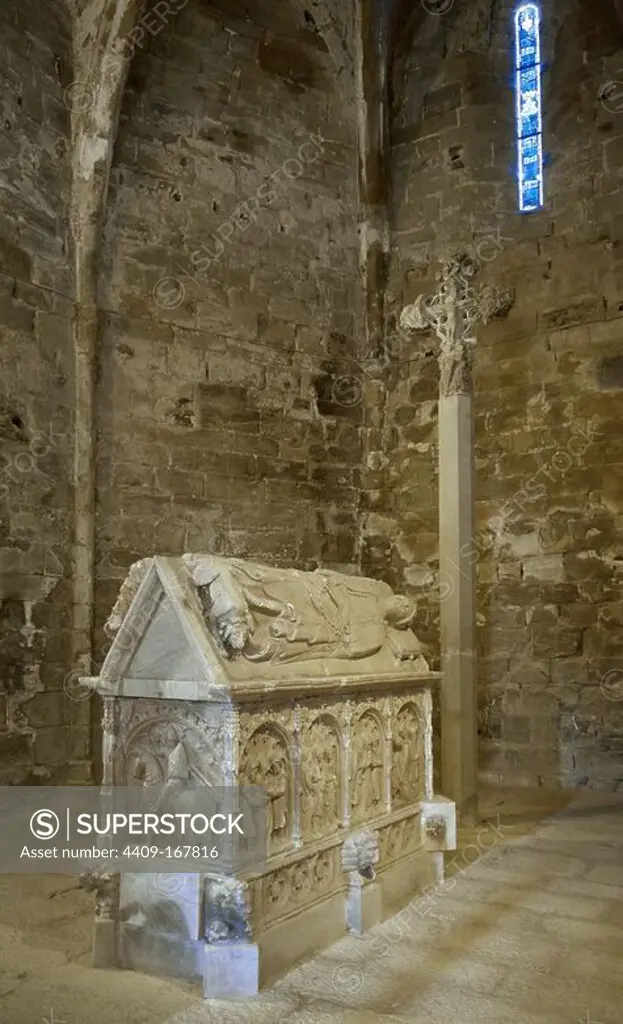 Gothic art. Spain. Catalonia. Church of St. Maria de Bell-Lloc. 13th century. Tomb of Pere V of Queralt and Alamanda Rocaberti, 1363-1370. By Pere Ciroll and Pere Aguilar. Santa Coloma de Queralt.